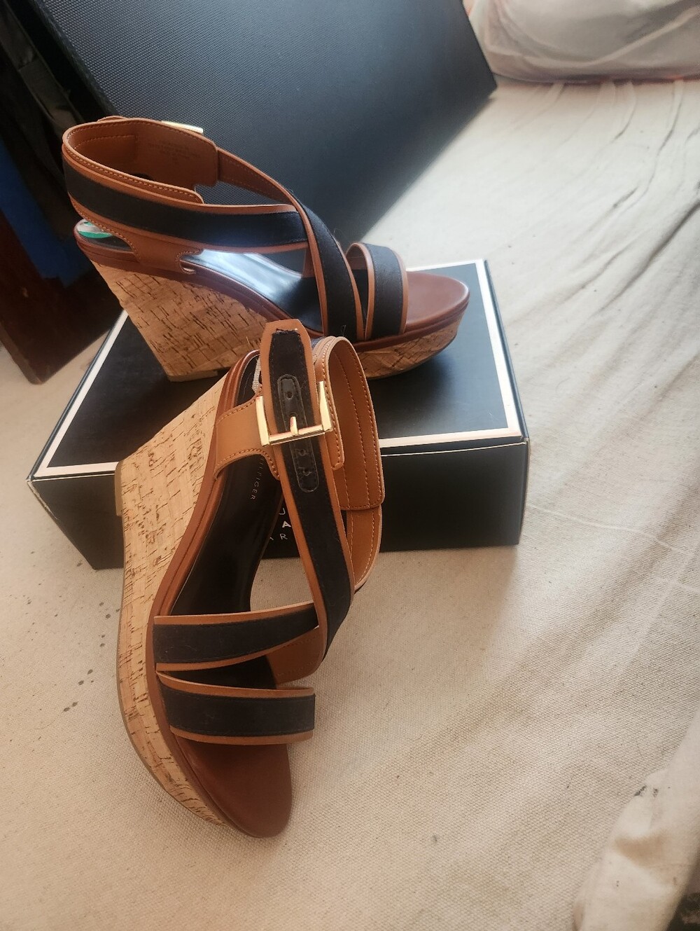Tommy Hilfiger Navy  and Sable Brown Women's Wedge Sandals